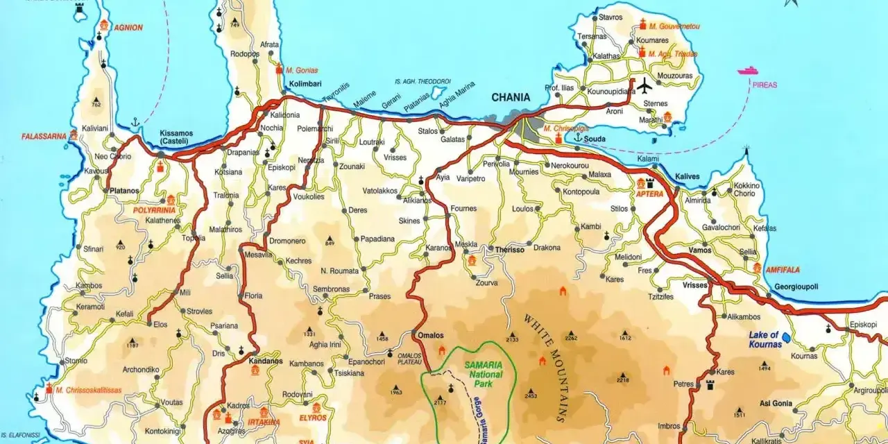 Mapa Krety Zachodniej. Widać tu góry, wybrzeże, drogi i miejscowości. Gdzie leży Kreta? Na tej mapie widzimy zachodnią część wyspy Kreta.