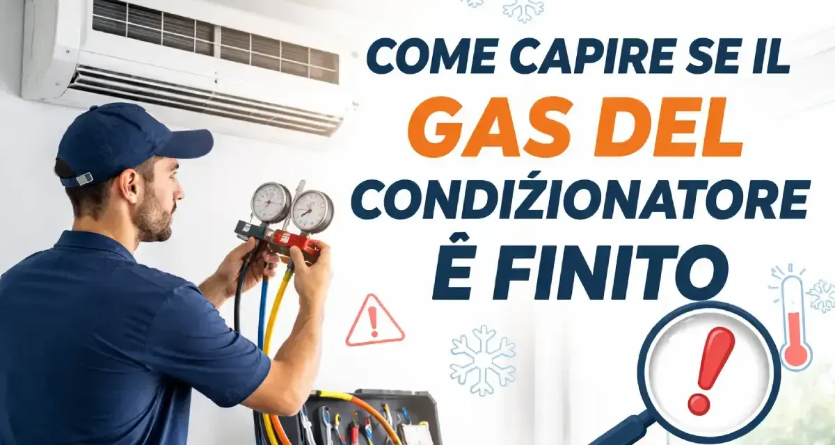 Tecnico controlla manometro per capire se manca gas condizionatore. Segnali di allarme e termometro indicano problemi.