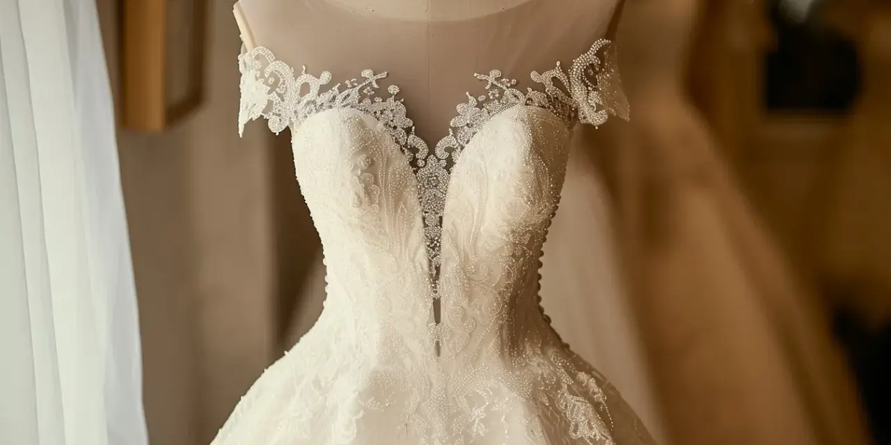 Magnifique robe de mariée, la couleur est un blanc éclatant, ornée de perles et de dentelle fine.