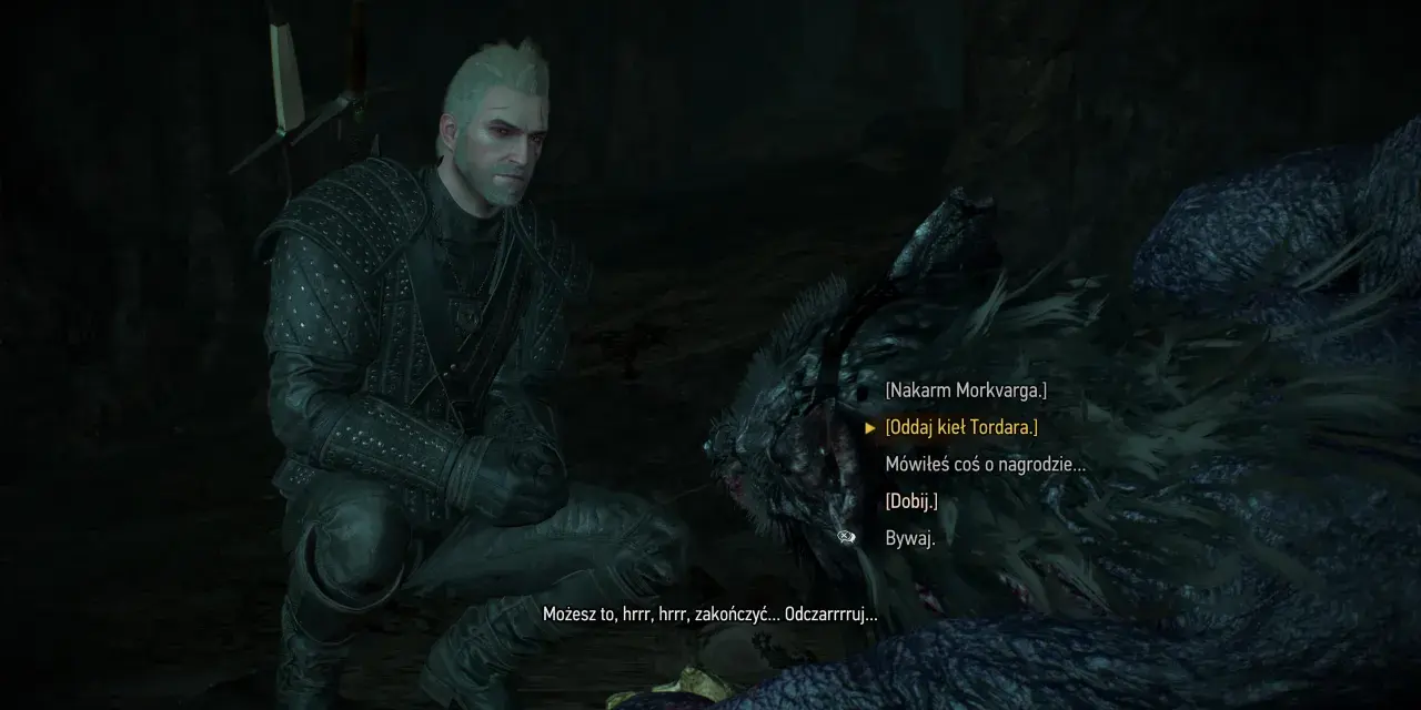 Geralt w wilczej skórze w Wiedźmin 3 klęczy przy potworze, wybierając opcję dialogową "Oddaj kieł Tordara".