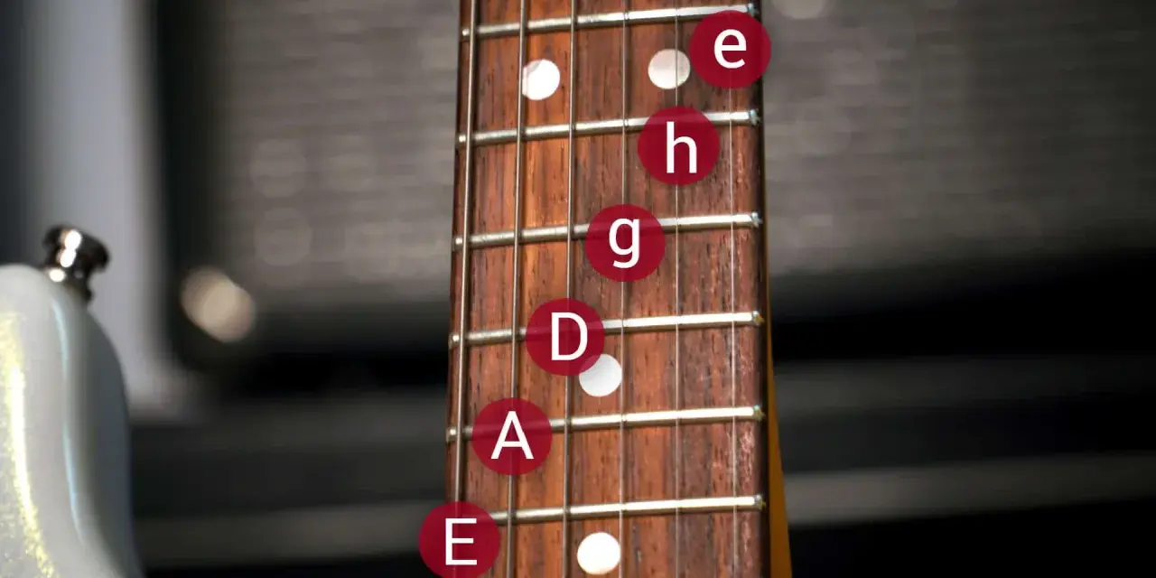 Gitarrenhals mit e-Bass beschriftung. Noten E, A, D, G, H, e sind auf den Saiten markiert.