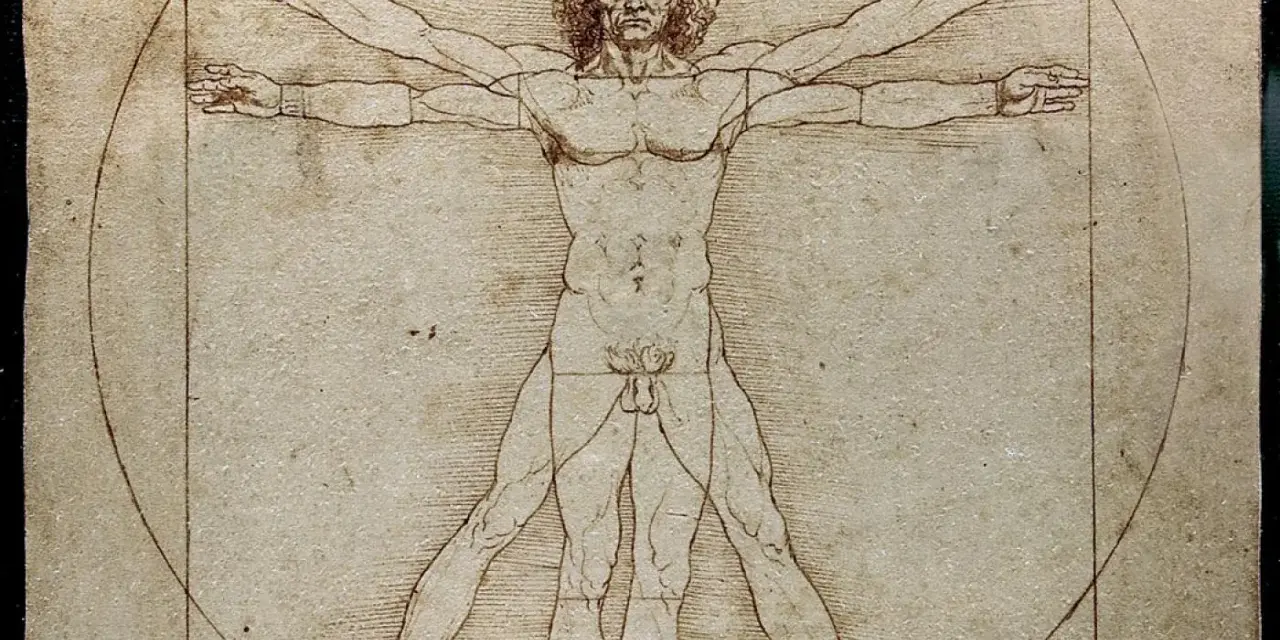 Człowiek witruwiański Leonarda da Vinci, idealne proporcje ludzkiego ciała wpisane w kwadrat i okrąg.