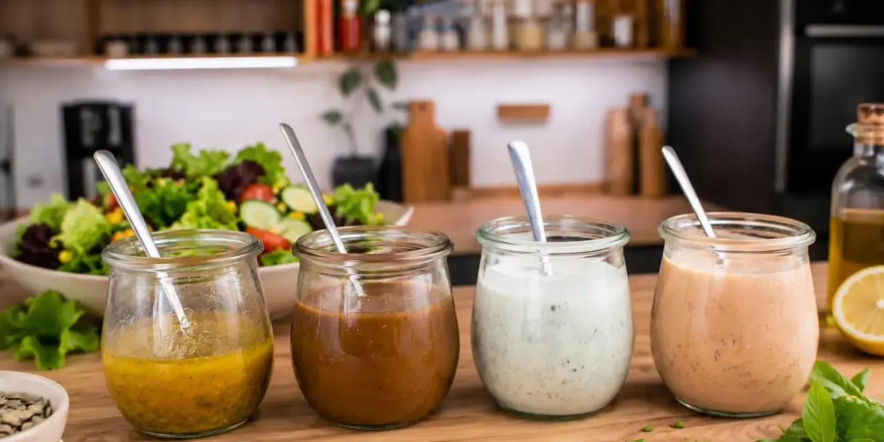Vier Gläser mit verschiedenen salat dressing Sorten stehen auf einem Holztisch. Im Hintergrund ein bunter Salat.