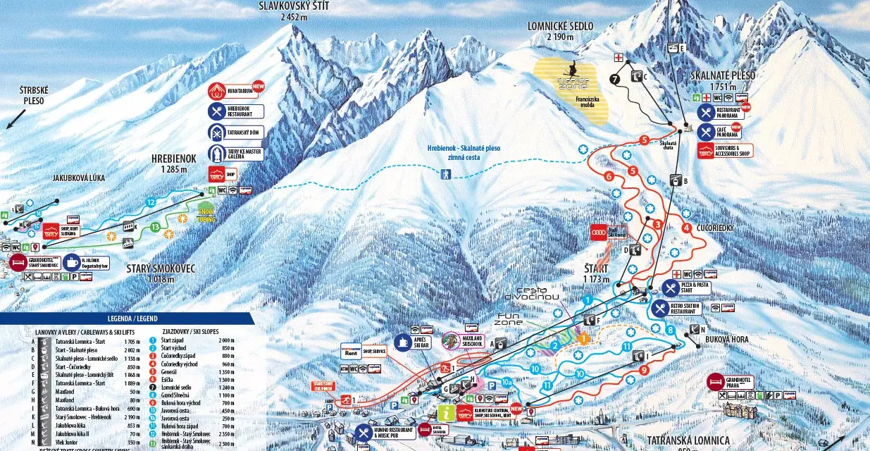 Mapa Tatrancí s vyznačenými sjezdovkami, lanovkami a turistickými cíli.