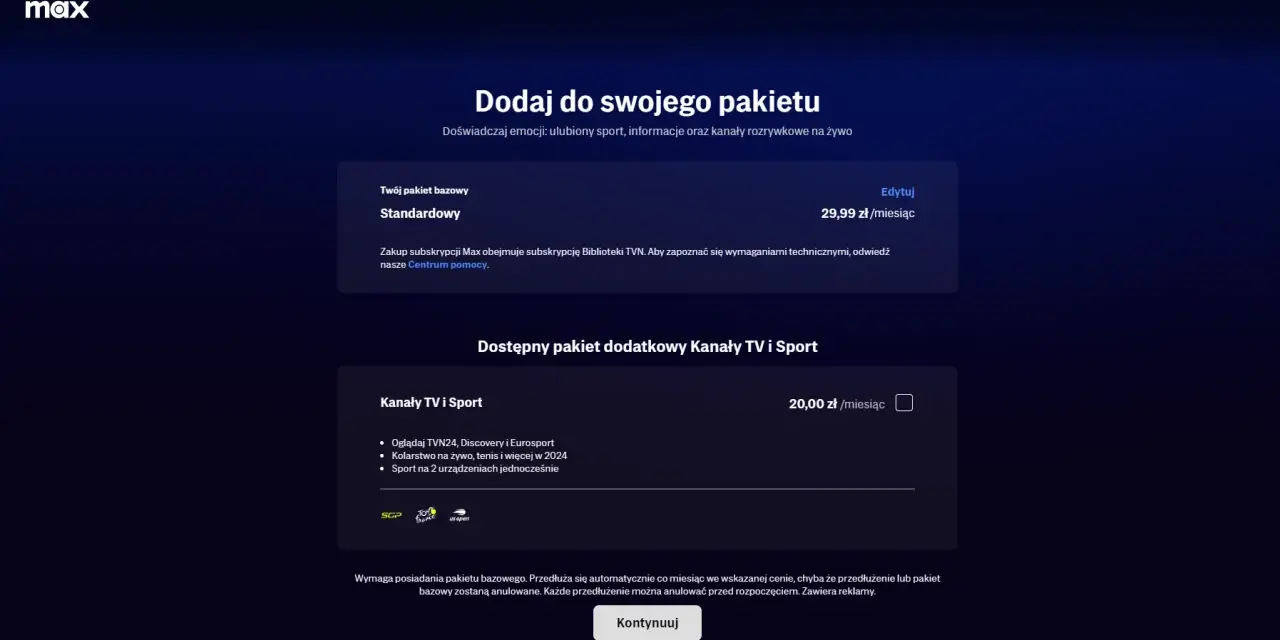Dodaj do swojego pakietu Max: standardowy za 29,99 zł/miesiąc i pakiet dodatkowy Kanały TV i Sport za 20 zł/miesiąc.