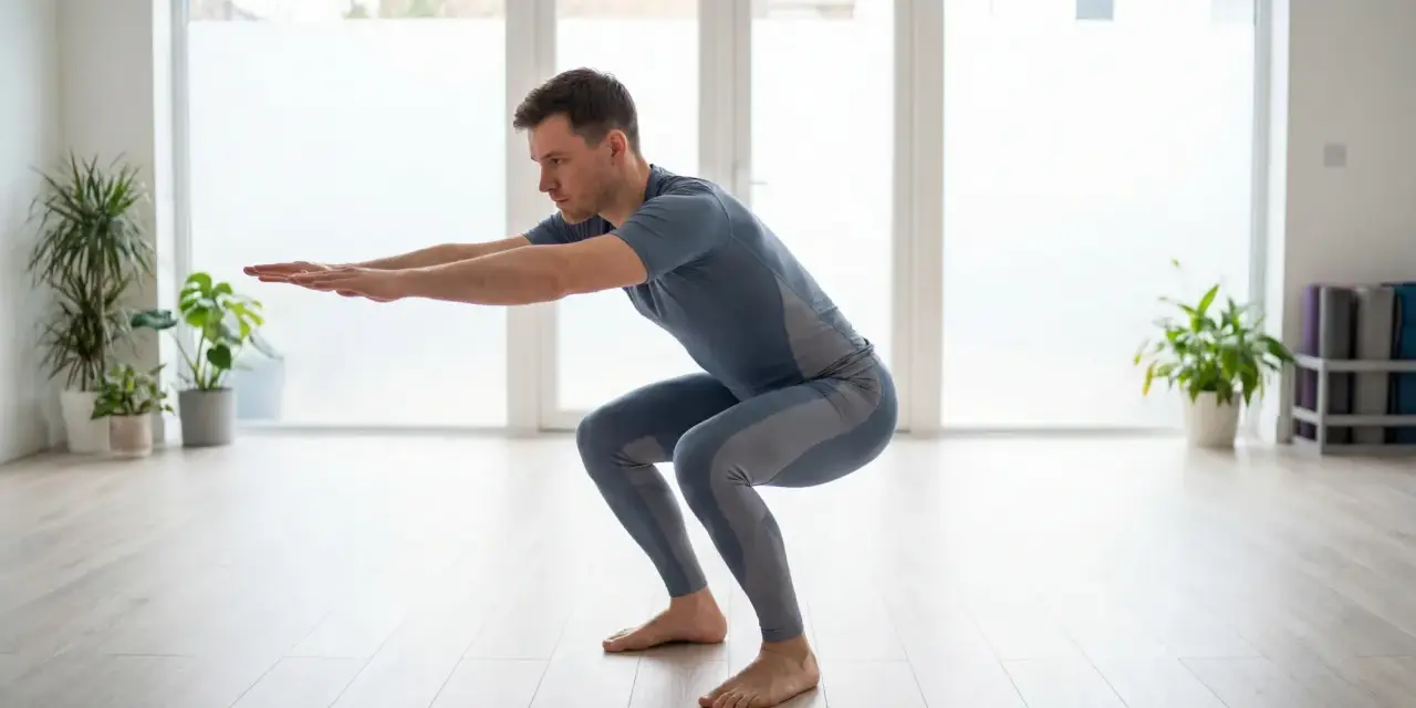Un homme en tenue de sport exécute un squat dans une pièce lumineuse.