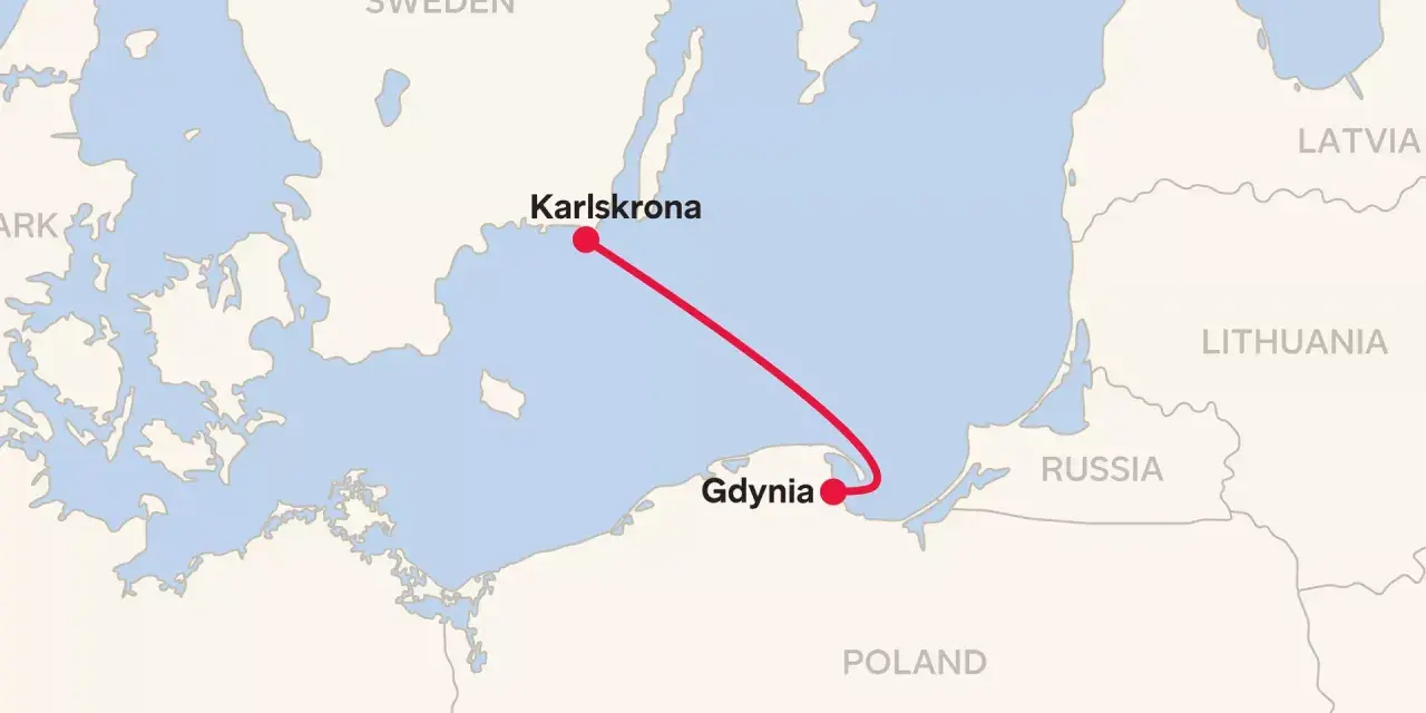 Trasa promowa Gdynia-Karlskrona. Mapa pokazuje połączenie między Polską a Szwecją.