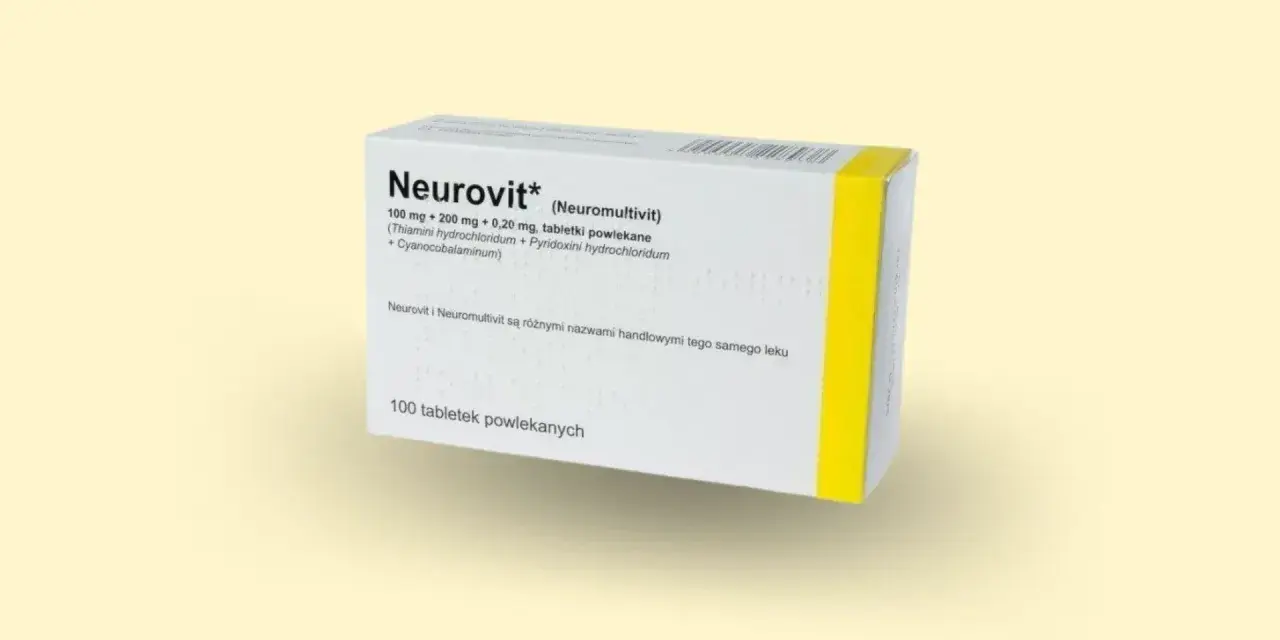 Opakowanie leku Neurovit, zawierające witaminy z grupy B, stosowane w leczeniu schorzeń układu nerwowego.