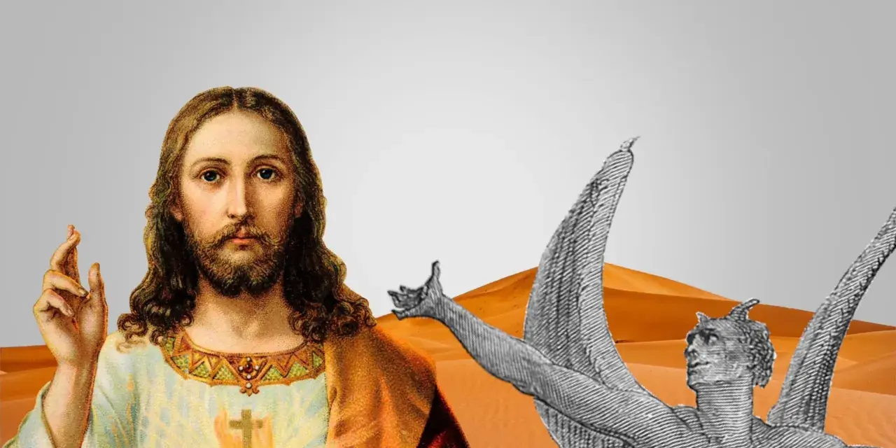 Jesus im Dialog mit dem Teufel in der Wüste. Die Frage "wann ist christliches Fasten" wird hier visuell thematisiert.