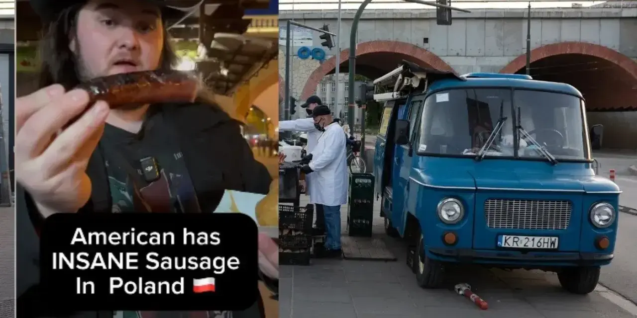 Amerykanin zachwycony kiełbaskami z Nyski, które uważa za najlepsze, jakie jadł. Obok niebieski food truck.