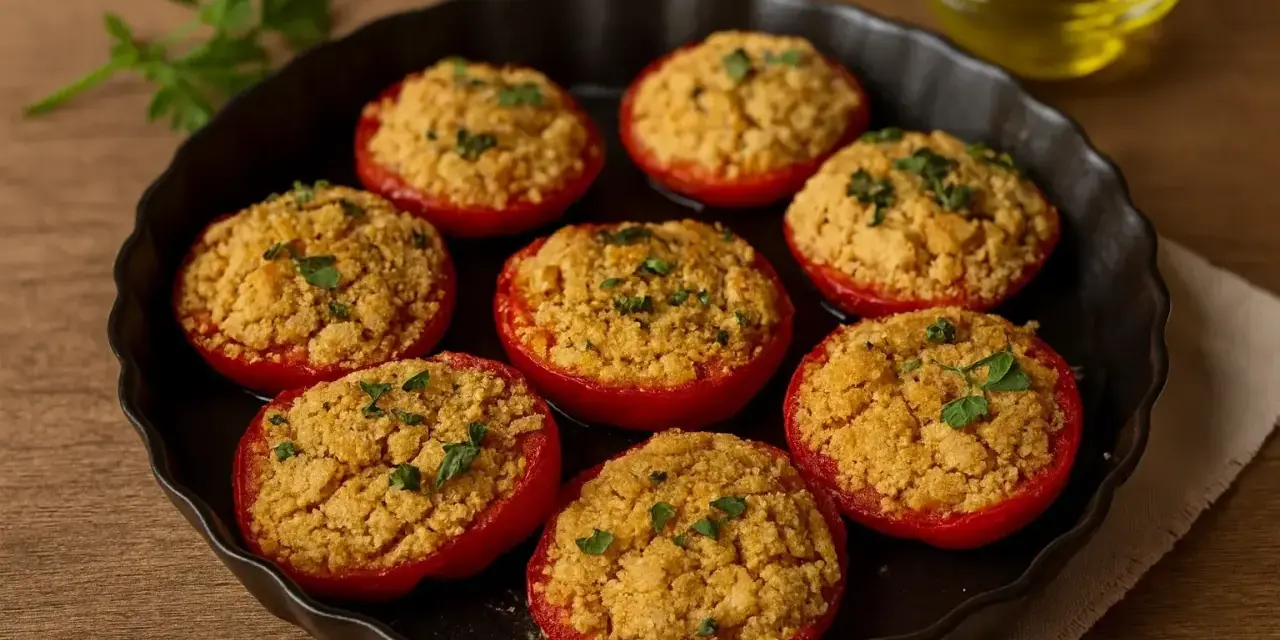 Pomodori al forno alla pugliese, ripieni e dorati, guarniti con prezzemolo fresco. Un sapore autentico.