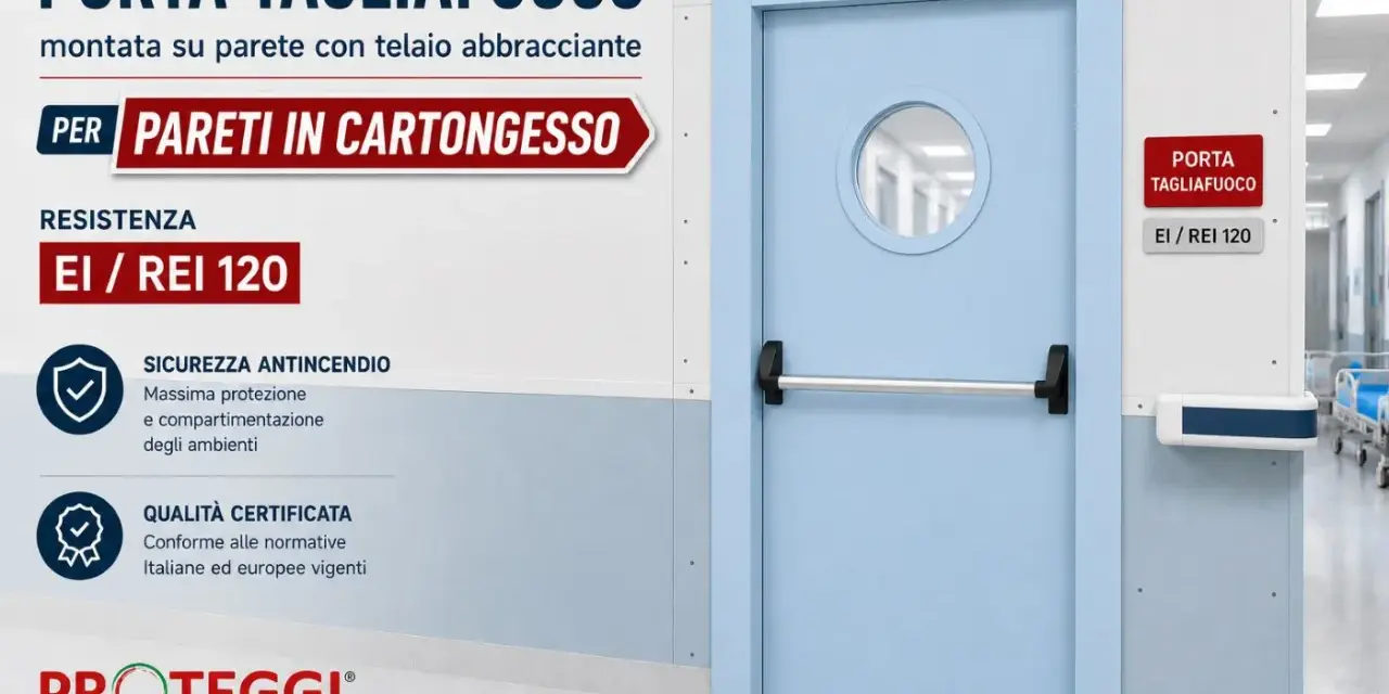 Porta tagliafuoco per pareti in cartongesso, con resistenza EI/REI 120, garantisce sicurezza e compartimentazione.