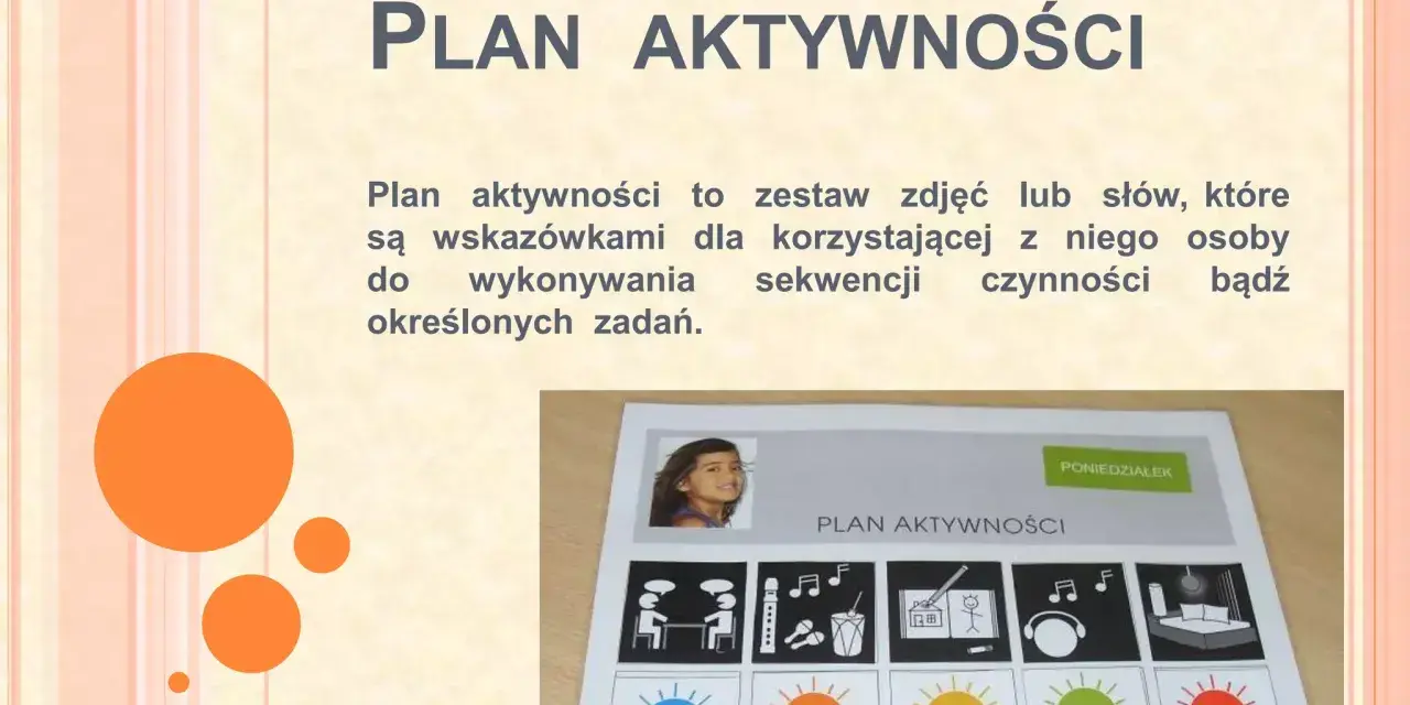 Indywidualny plan pracy z dzieckiem z autyzmem: wizualny harmonogram z ikonami i zdjęciem dziecka.