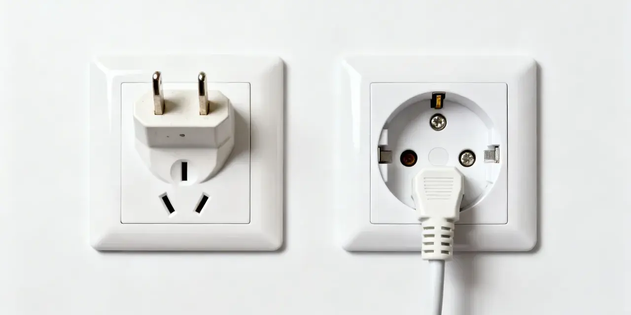 Två vita eluttag på en vit vägg. Ett med en adapter för amerikanska kontakter, det andra med en vit kabel instucken. Svenska eluttag är standard.