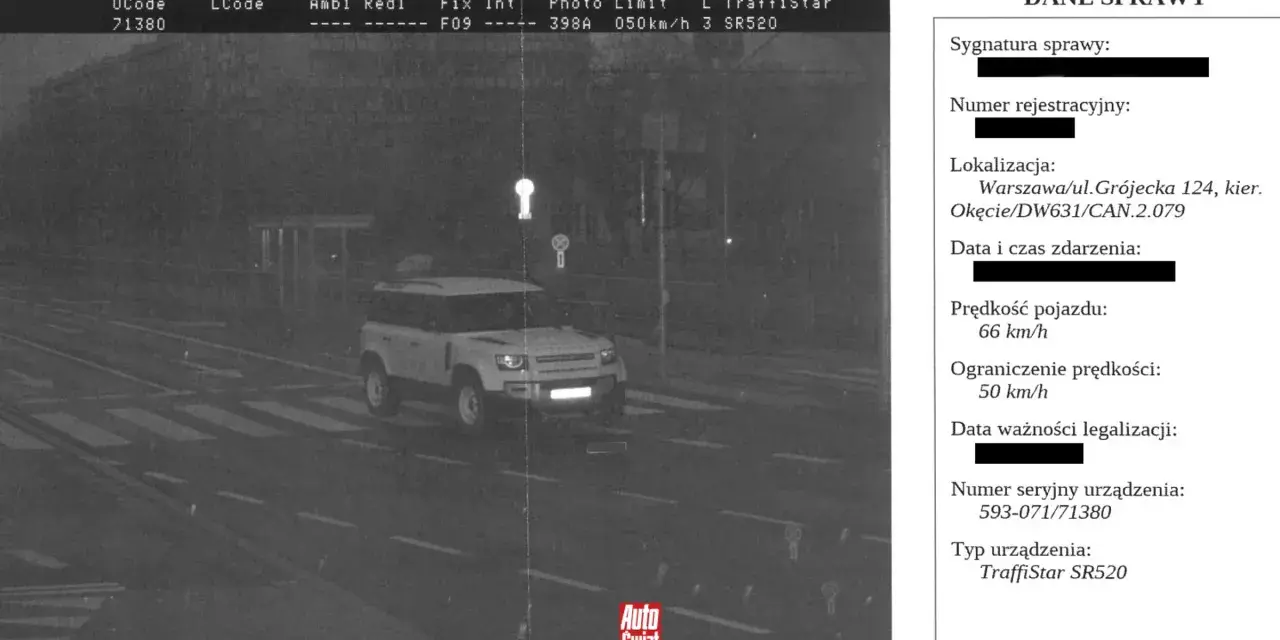 Zdjęcie z fotoradaru pokazuje białe auto jadące 66 km/h przy ograniczeniu do 50 km/h. Mandat z fotoradaru przyjdzie szybko.