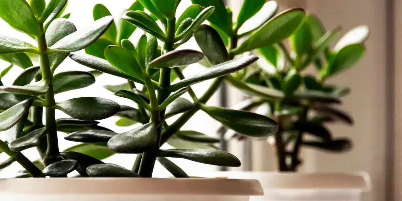 Planta de jade interior o exterior con hojas verdes y carnosas, en macetas blancas, con luz suave de fondo.