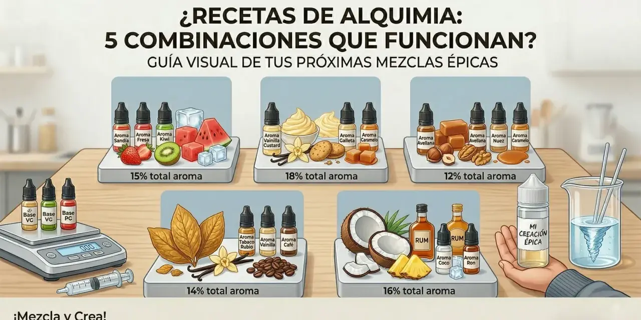 Guía visual de alquimia para vapers: 5 combinaciones de aromas para crear tus mezclas épicas. Incluye frutas, postres, tabaco, frutos secos y tropicales.