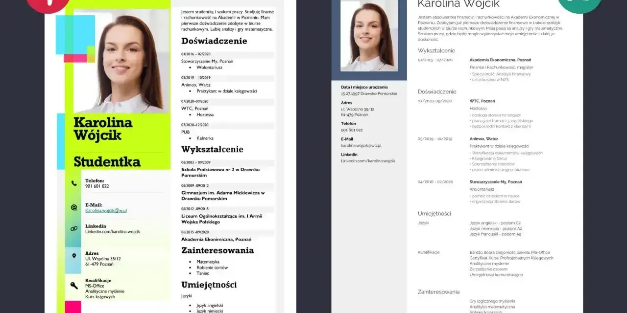 CV Karoliny Wójcik, studentki finansów, pokazuje, że czy CV może mieć 2 strony. Zawiera doświadczenie, wykształcenie i umiejętności.