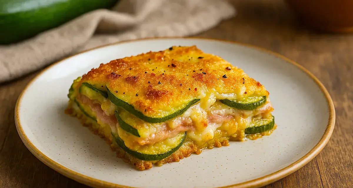 Una fetta di parmigiana di zucchine bianca alla napoletana, dorata e filante, con prosciutto e formaggio.