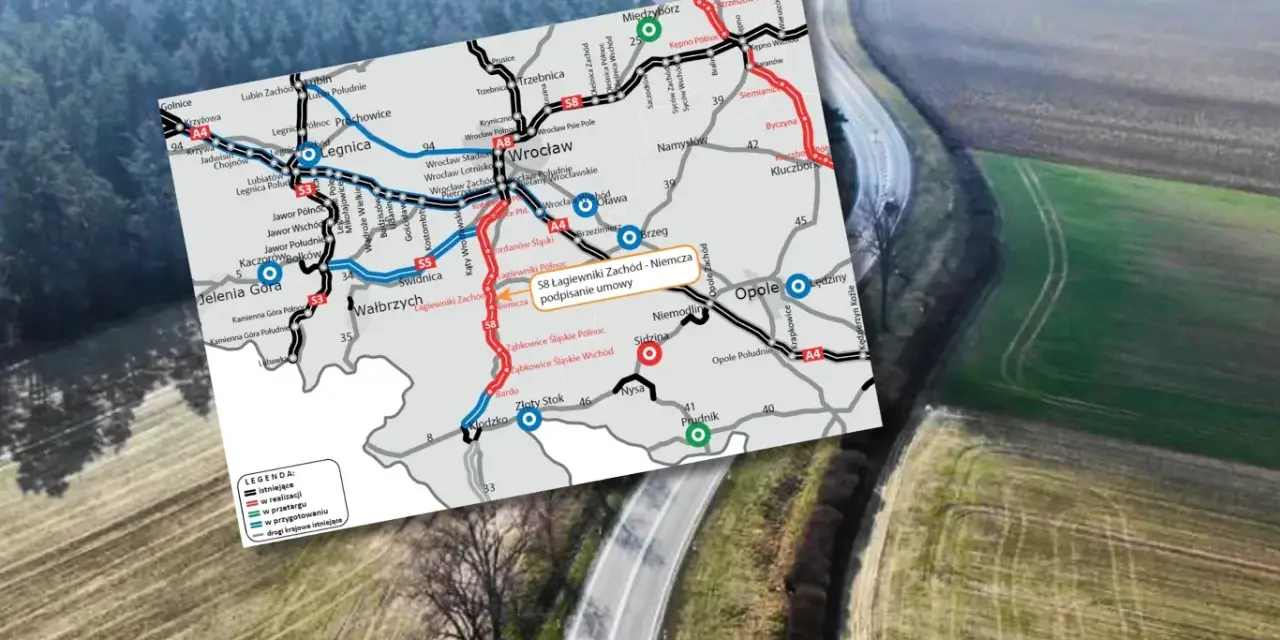 Mapa drogowa z zaznaczonymi trasami S8 Łagiewniki Zachód - Niemcza. Widoczne miasta: Wrocław, Opole, Wałbrzych, Legnica, Jelenia Góra. 908 rozkład jazdy.