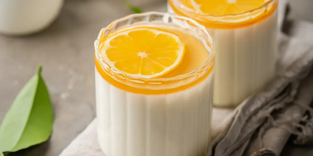 Panna Cotta przepis: dwa kremowe desery w szklankach, ozdobione plasterkiem pomarańczy i galaretką. Idealne na letnie popołudnie.