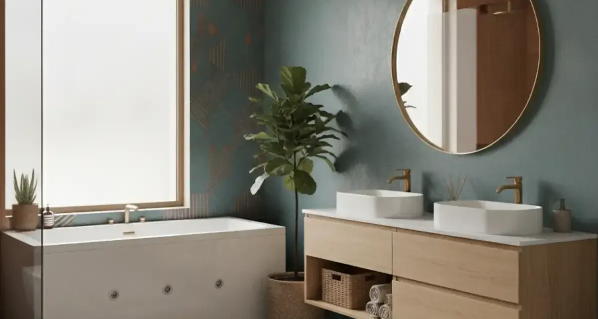 Salle de bain moderne avec baignoire, double vasque en bois clair et mur aux tons bleu-vert. La couleur salle de bain est apaisante.
