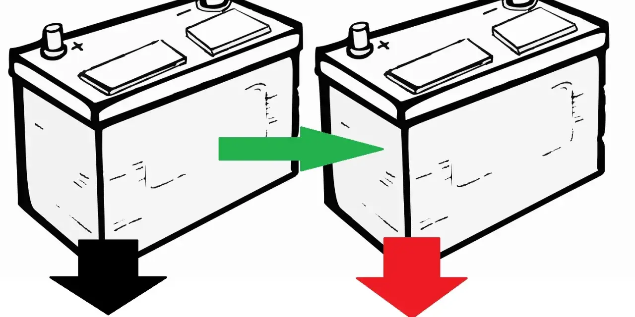 Dwa akumulatory samochodowe, jeden z czarną strzałką w dół, drugi z czerwoną. Zastanawiasz się, ile waży akumulator samochodowy?