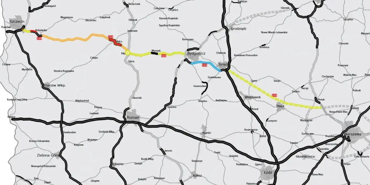 Trasa S10 pokazuje, ile jest kilometrów ze Szczecina do Warszawy, prowadząc przez Piłę, Bydgoszcz, Toruń i Płock.