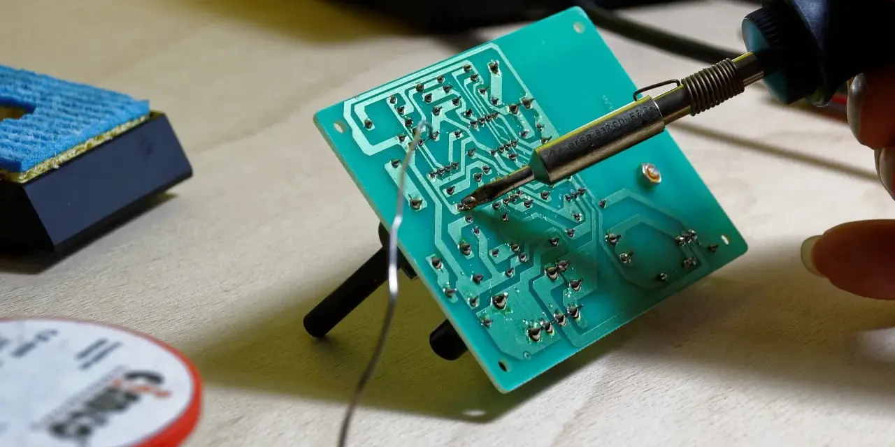 Saldatura di componenti elettronici su una scheda verde con stagno. Si può saldare con lo stagno per creare connessioni elettriche.