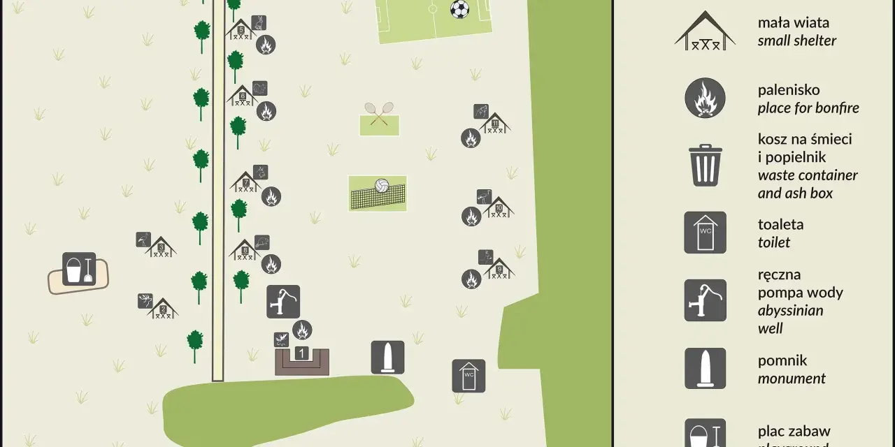 Mapa Kampinoskiego Parku Narodowego z zaznaczonymi wiatami, paleniskami, toaletami, placem zabaw i innymi udogodnieniami.