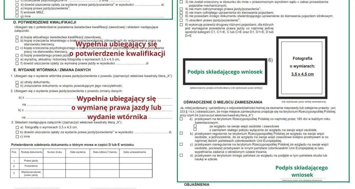 Formularz wniosku o wydanie prawa jazdy lub wtórnika, z miejscem na zdjęcie 3,5x4,5 cm. Wniosek dotyczy rejestracji samochodu online.