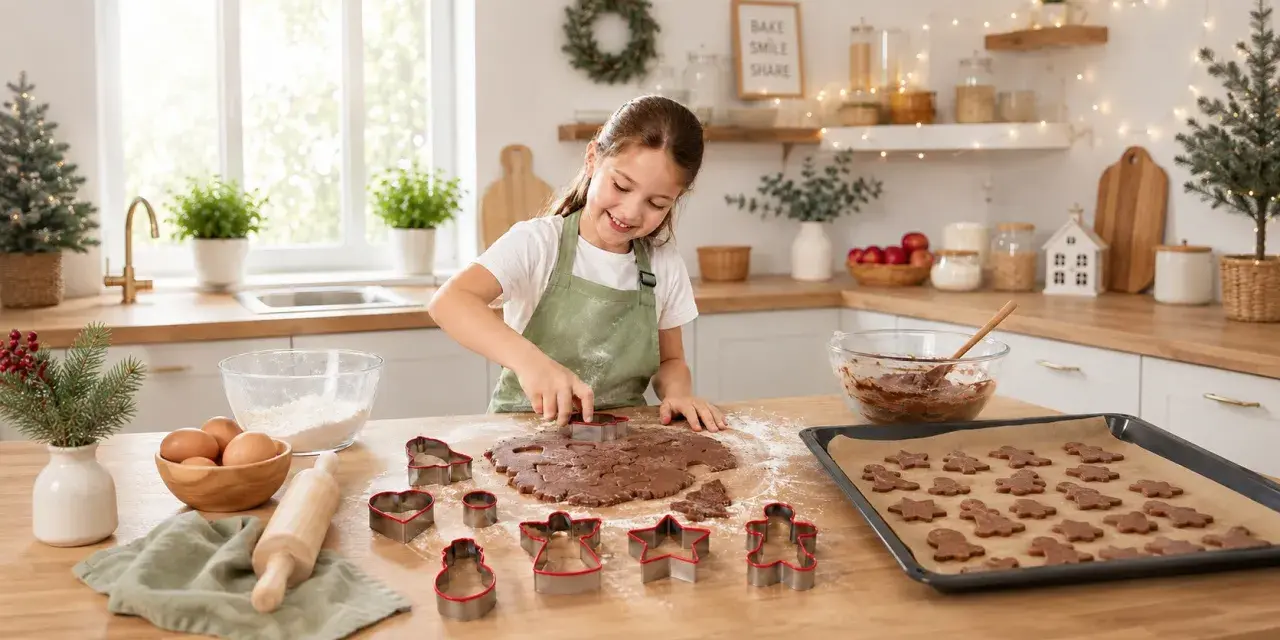 Fröhliches Backen mit Kindern: Ein Mädchen schneidet mit Ausstechern Weihnachtsplätzchen aus Teig. Auf dem Blech warten schon viele fertige Kekse.
