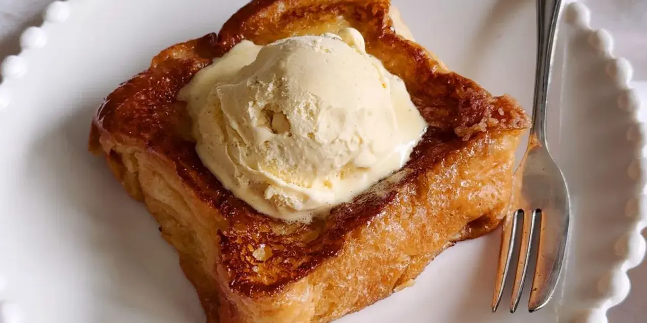 Torrijas con pan brioche, doradas y crujientes, coronadas con una generosa bola de helado de vainilla. Un postre irresistible.