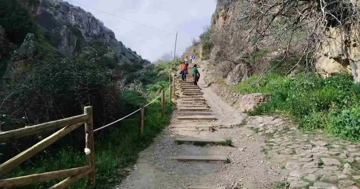 Senderos de montaña con escalones de piedra y madera. Personas caminan por las rutas Patones de Arriba, rodeadas de vegetación y acantilados.
