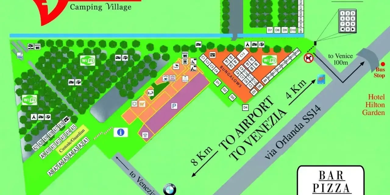 Mapa Venezia Camping Village z zaznaczonymi parcelami, bungalowami, Wi-Fi, toaletami, placem zabaw i drogą do Wenecji.