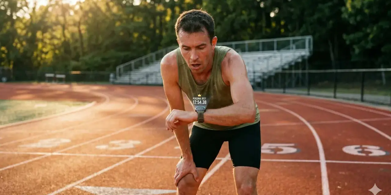 Un coureur essoufflé sur une piste d'athlétisme, vérifiant sa montre après une séance VMA intense. Le soleil couchant illumine la scène.