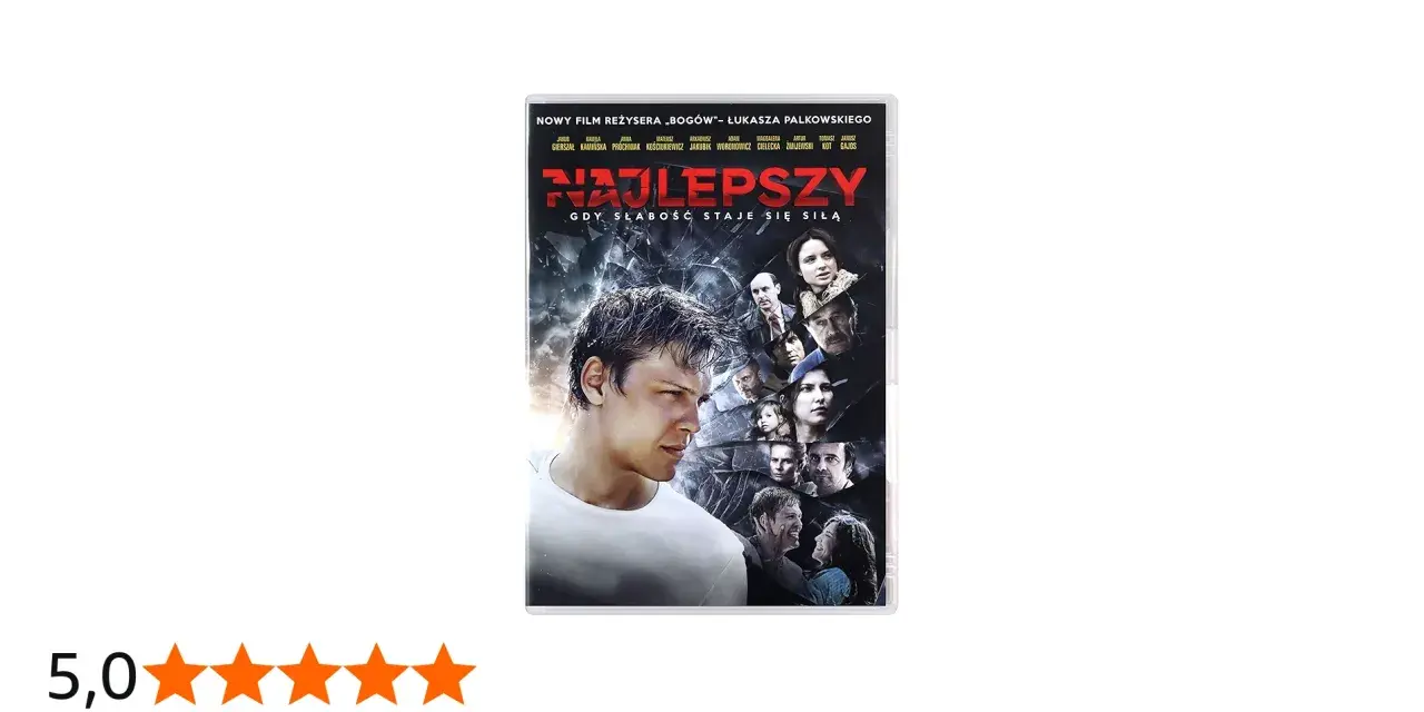 Film "Najlepszy" o piosenkarzu, który pokonuje słabości. Na okładce młody mężczyzna i twarze innych bohaterów.