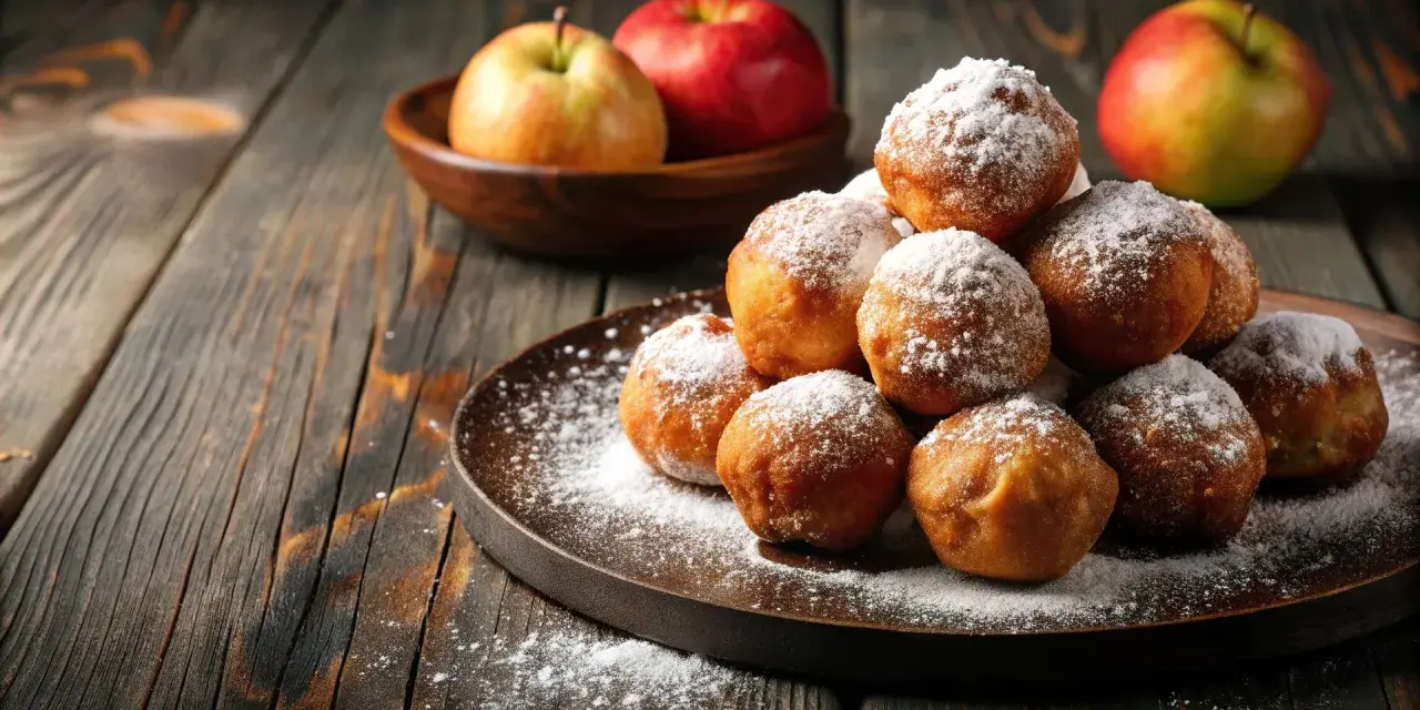 Montón de buñuelos de manzana espolvoreados con azúcar glas sobre un plato oscuro. Manzanas rojas y verdes en un cuenco de madera al fondo.