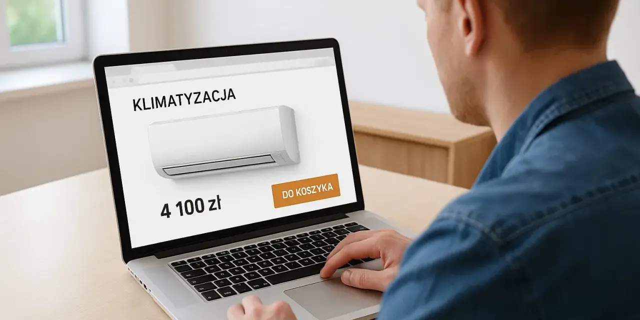 Sprawdzam, ile kosztuje montaż klimatyzacji. Na ekranie laptopa widzę cenę 4100 zł i przycisk "Do koszyka".