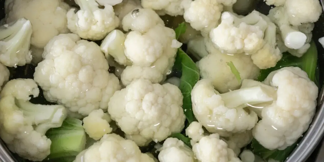 Kalafior gotuje się w garnku z wodą. Białe różyczki i zielone liście są zanurzone w płynie.
