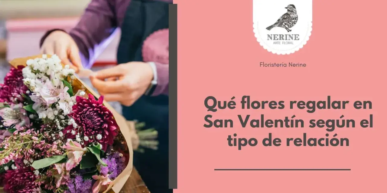 Manos arreglando un ramo de flores moradas y rosas. El texto dice: "Qué flores regalar en San Valentín según el tipo de relación".