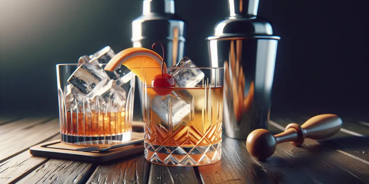 Klasyczny Old Fashioned przepis: whisky, lód, pomarańcza i wisienka. Obok shakery i muddler.