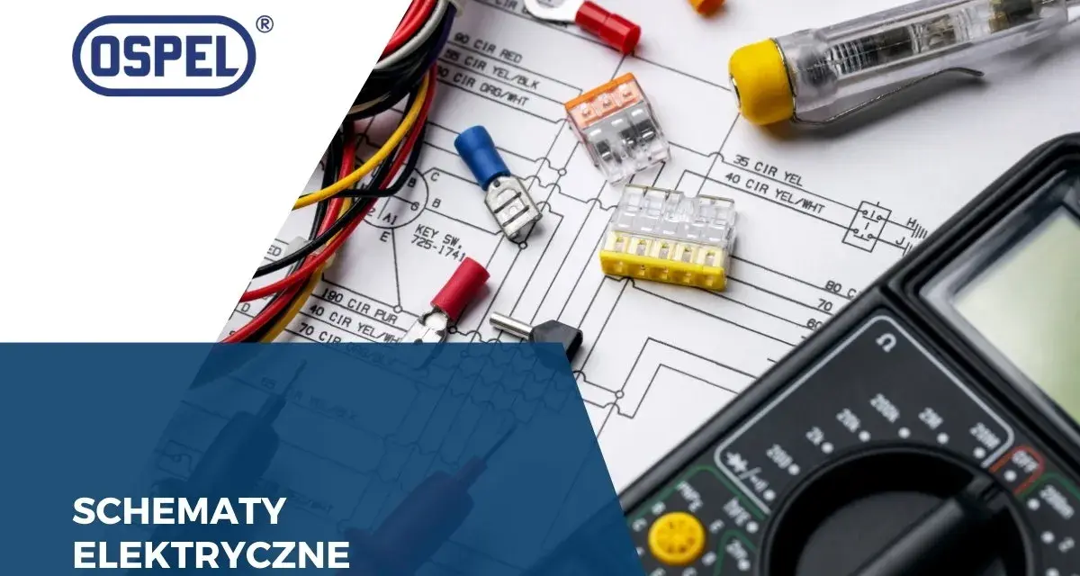 Schematy elektryczne z symbolem czujnika kontaktronowego, przewodami i multimetrem.