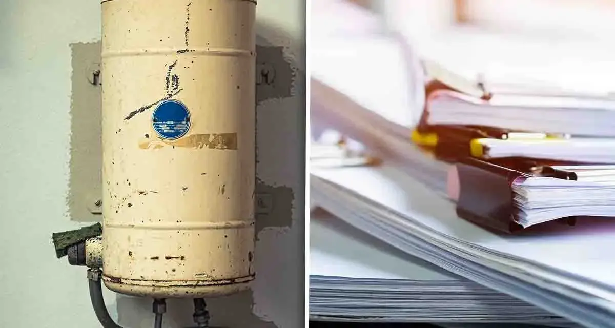 Vecchia caldaia arrugginita e pile di documenti. Pronti per lo smaltimento caldaie e la gestione burocratica.