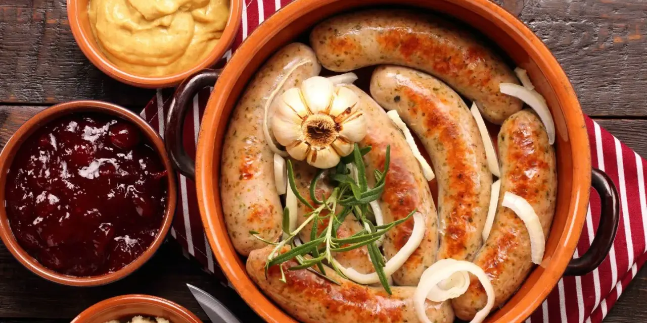 Pyszne dania wielkanocne na gorąco: kiełbaski z czosnkiem i rozmarynem, podane z chrzanem, żurawiną i musztardą.