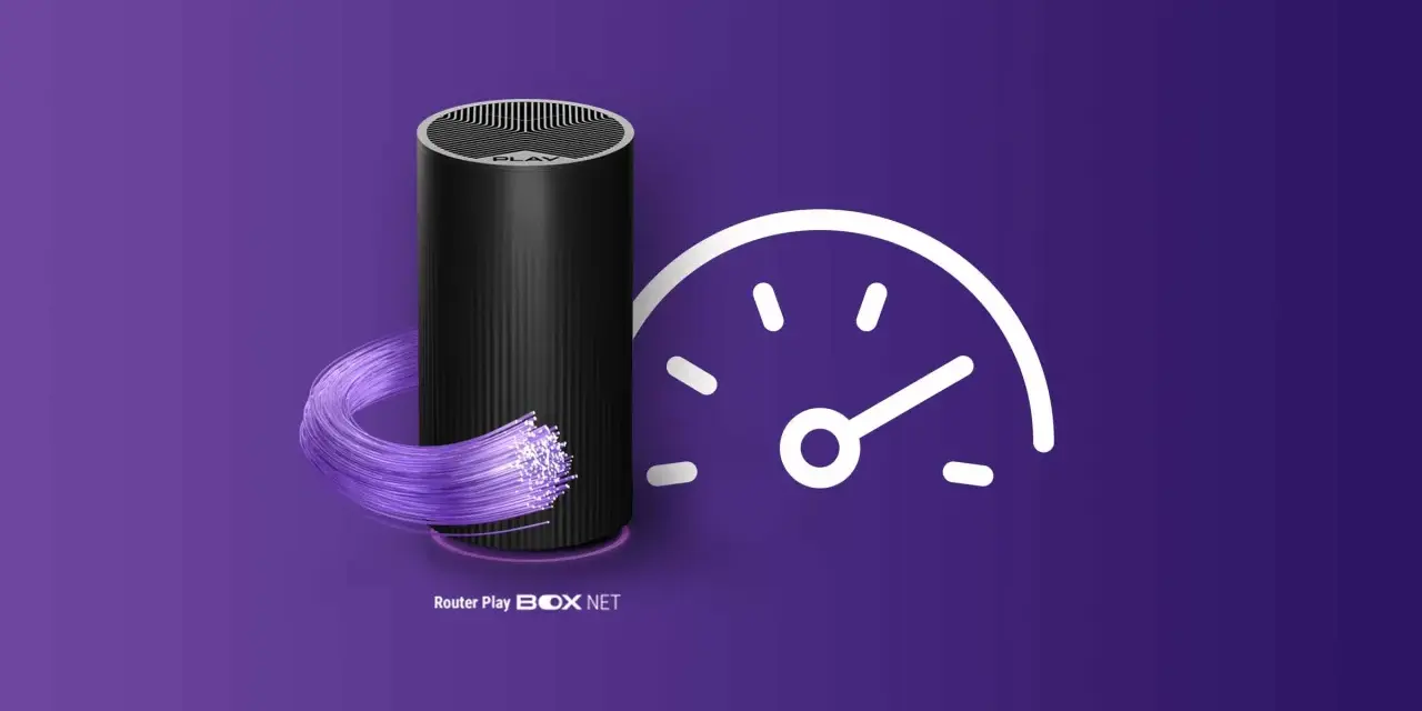 Router Play BOX NET z światłowodem i ikoną prędkościomierza. Dowiedz się, jak zwiększyć prędkość internetu.