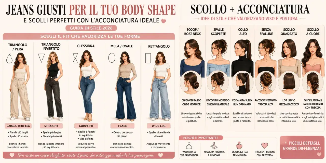 Guida jeans: scegli il fit che valorizza le tue forme, da skinny a baggy, e gli scolli perfetti per il tuo viso.
