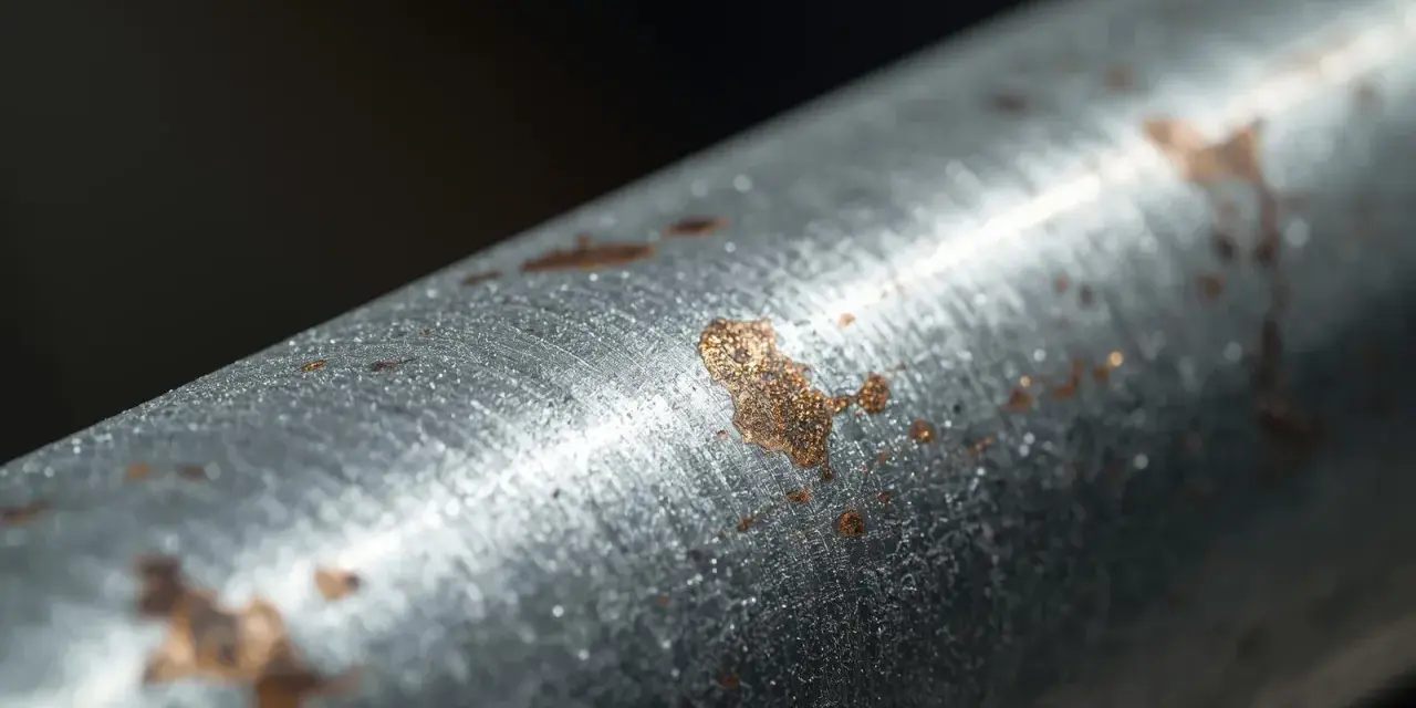 Zbliżenie na zardzewiałą stal ocynkowaną, z widocznymi śladami rdzy i zarysowaniami.