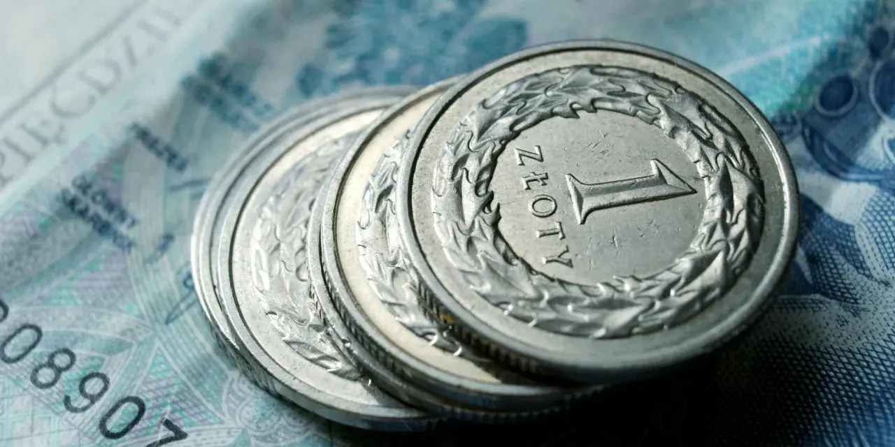 Monety 1 złoty leżące na banknocie.