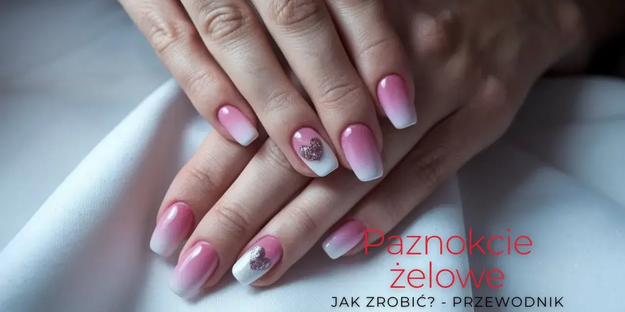 Eleganckie paznokcie żelowe w stylu ombre z błyszczącymi serduszkami.